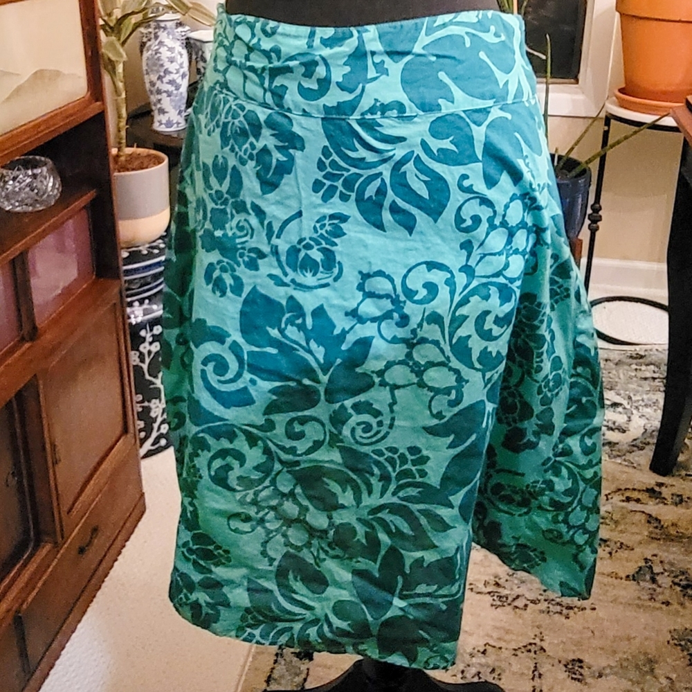 H&M Green Tonal Floral Cotton Skirt with Attached Side Ties Sz12